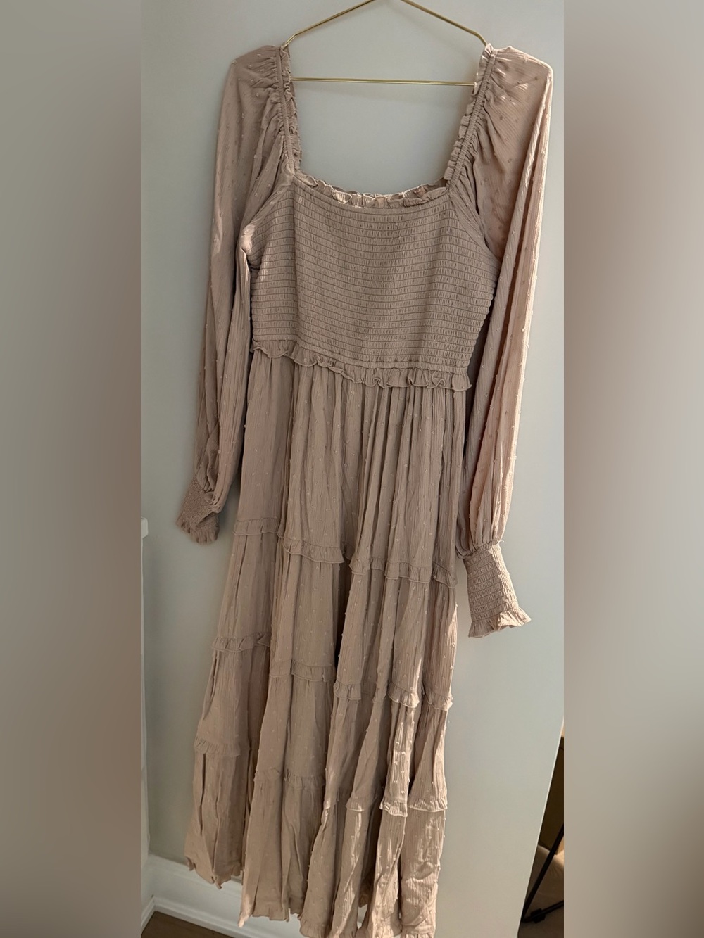 Baltic Born Taupe Smocked Long Sleeve Tiered Midi Dress